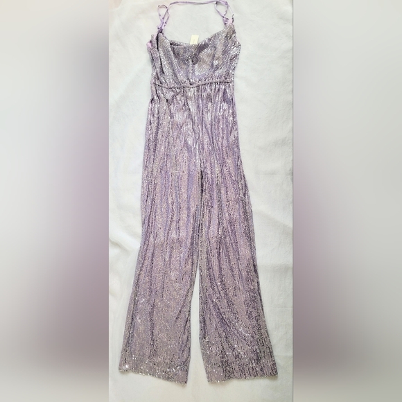 NWT!Anthro Sequin Cowl Neck Wide Leg Women's Chic Ranna Gill Purple Jumpsuit XS - Picture 5 of 17